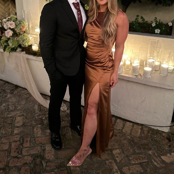 Bronze Satin Ruched Backless Maxi Dress Medium - Picture 3 of 7